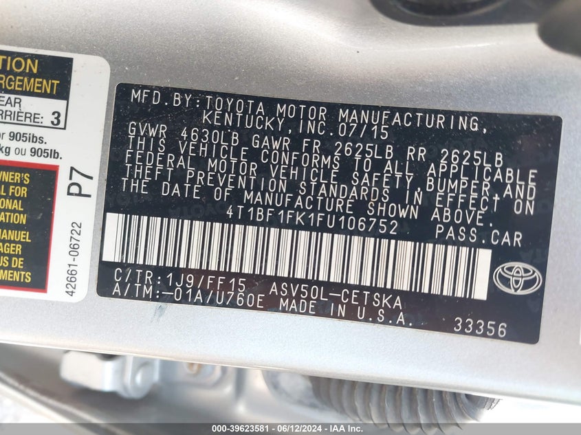 2015 Toyota Camry Se VIN: 4T1BF1FK1FU106752 Lot: 39623581