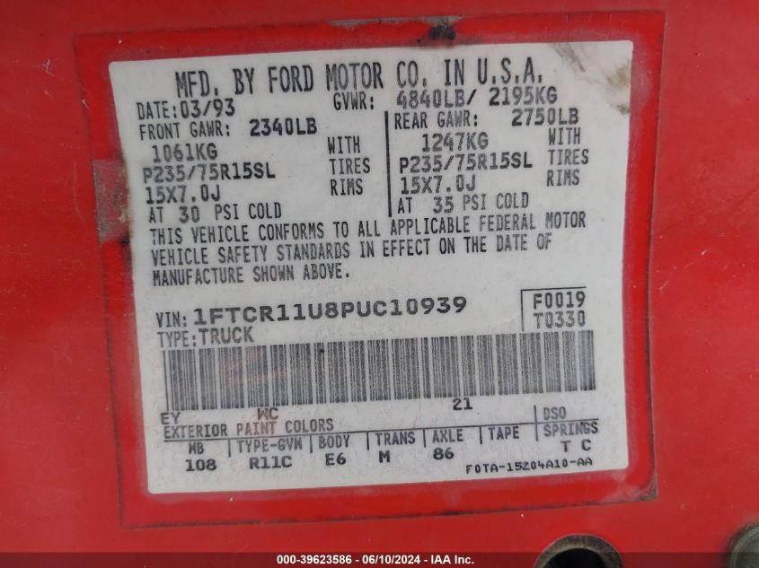 1993 Ford Ranger VIN: 1FTCR11U8PUC10939 Lot: 39623586
