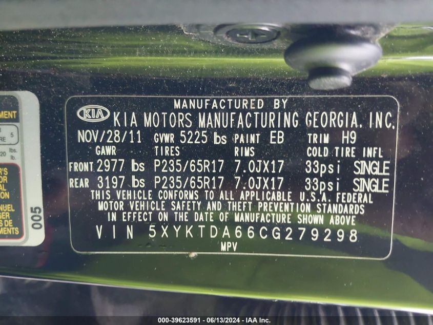 2012 Kia Sorento Lx VIN: 5XYKTDA66CG279298 Lot: 39623591