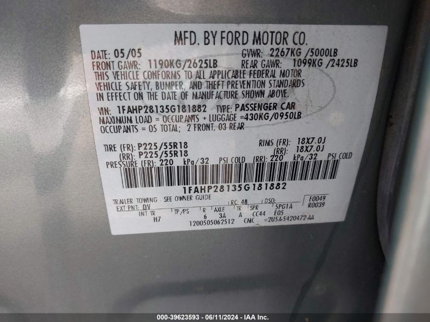 1FAHP28135G181882 2005 Ford Five Hundred Limited