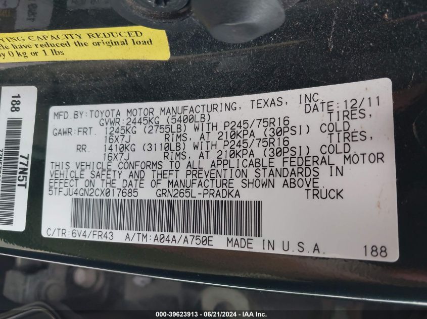 2012 Toyota Tacoma Prerunner V6 VIN: 5TFJU4GN2CX017685 Lot: 39623913