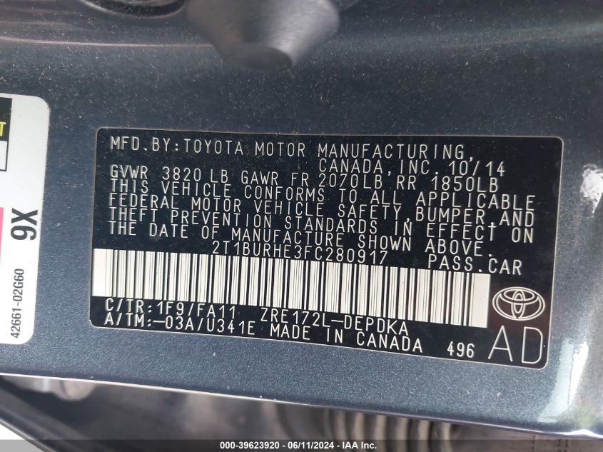 2015 Toyota Corolla L VIN: 2T1BURHE3FC280917 Lot: 39623920