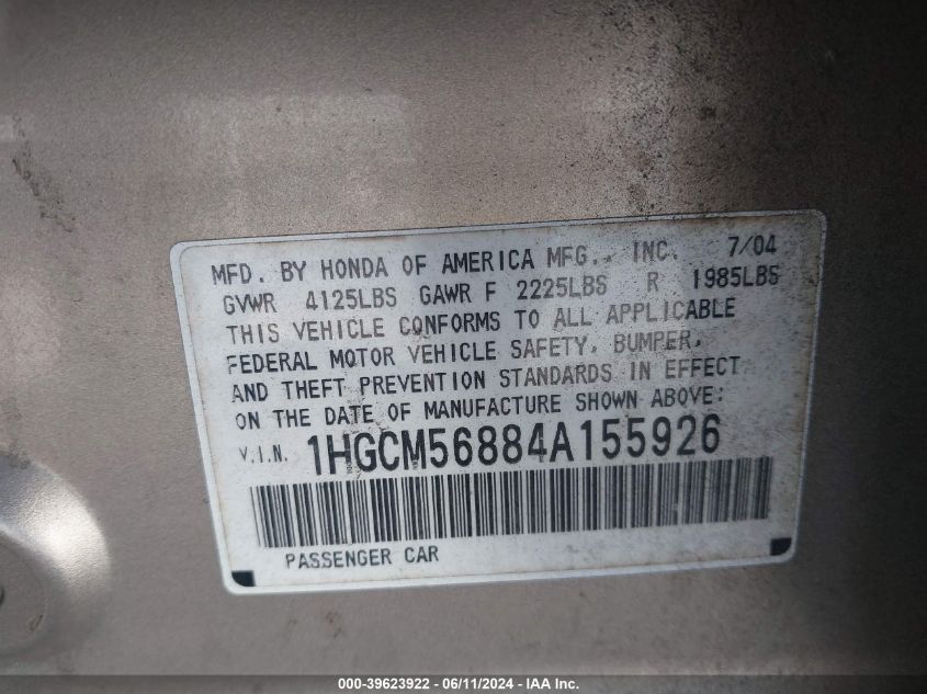 2004 Honda Accord 2.4 Ex VIN: 1HGCM56884A155926 Lot: 39623922