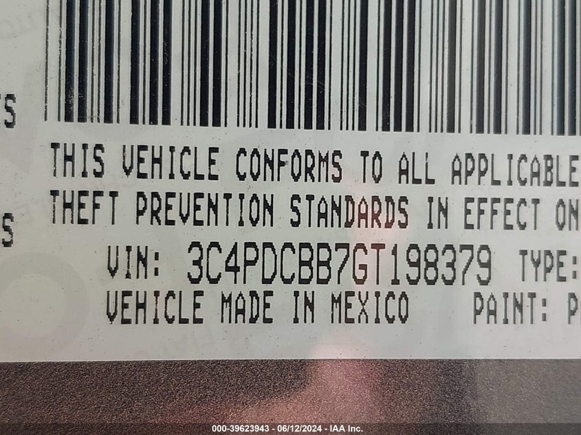 2016 Dodge Journey Sxt VIN: 3C4PDCBB7GT198379 Lot: 39623943