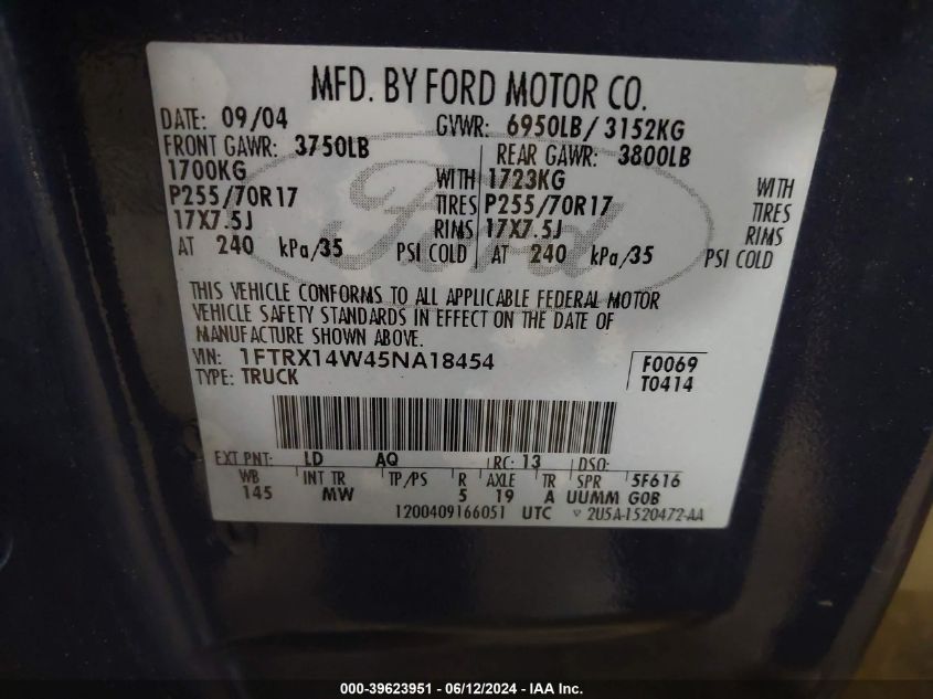 2005 Ford F-150 Stx/Xl/Xlt VIN: 1FTRX14W45NA18454 Lot: 39623951