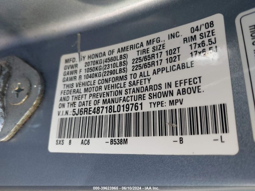 2008 Honda Cr-V Ex-L VIN: 5J6RE48718L019761 Lot: 39623965