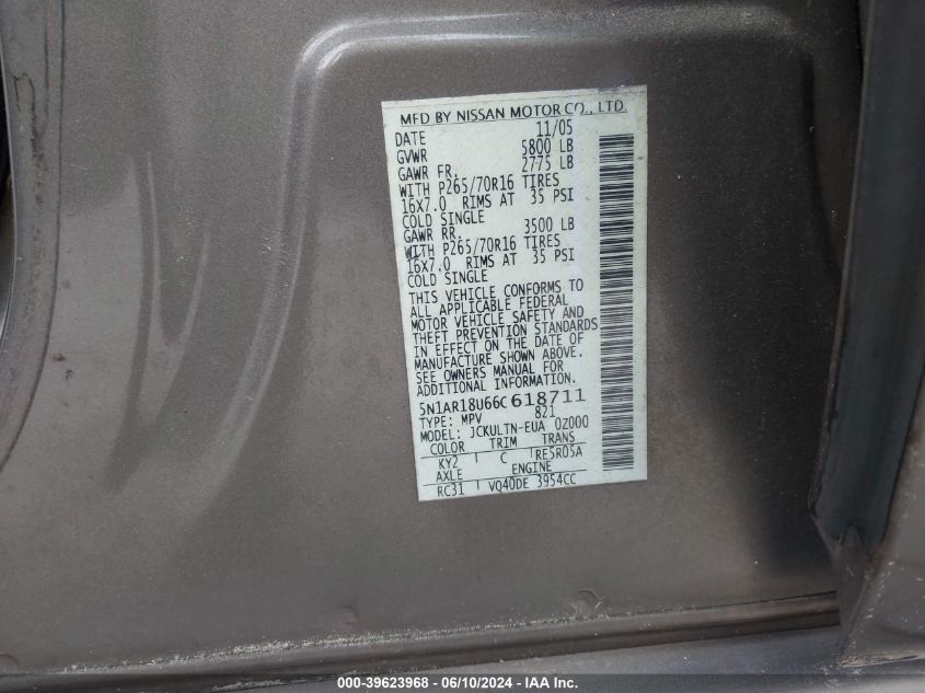 2006 Nissan Pathfinder Se VIN: 5N1AR18U66C618711 Lot: 39623968