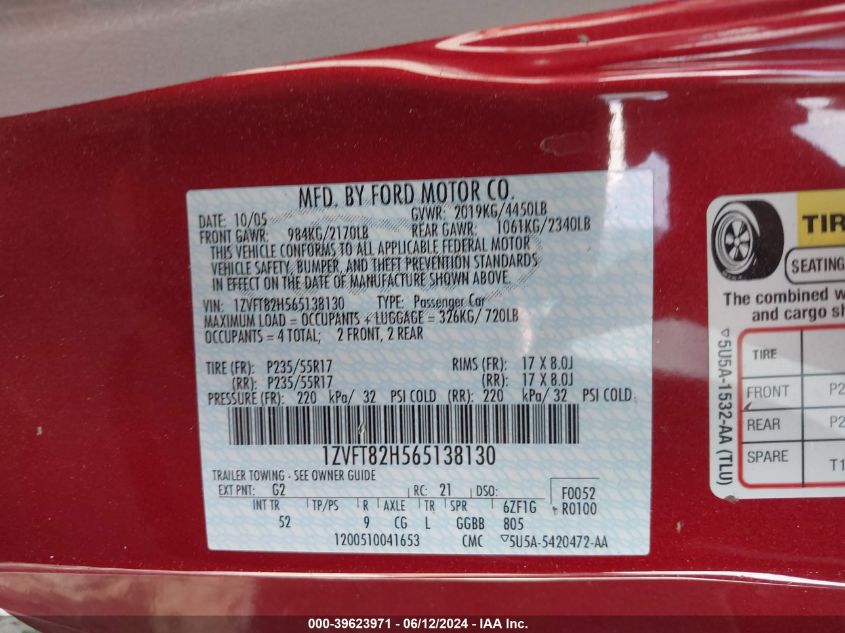 2006 Ford Mustang Gt VIN: 1ZVFT82H565138130 Lot: 39623971