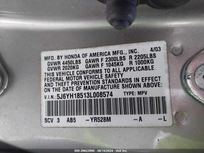2003 Honda Element Ex VIN: 5J6YH18513L008574 Lot: 39623990