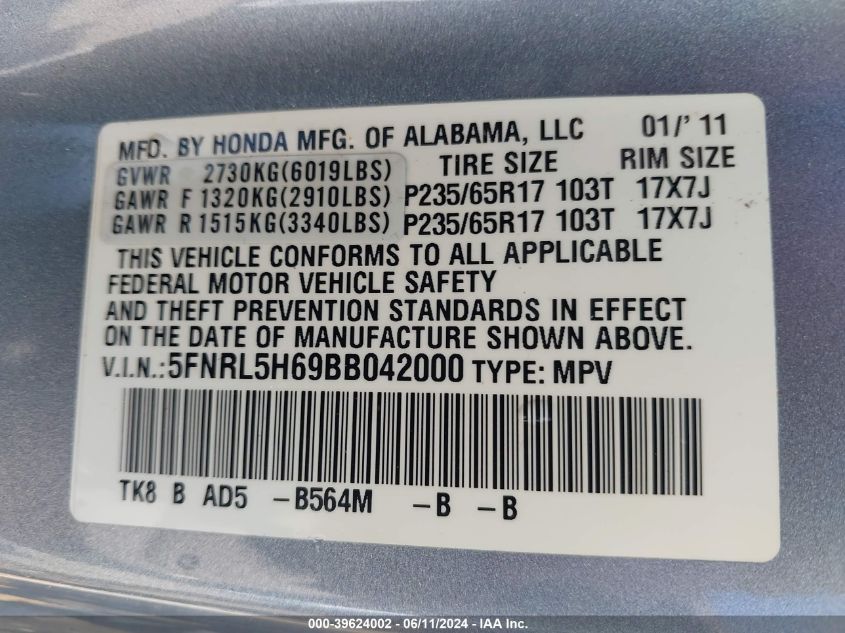 2011 Honda Odyssey Ex-L VIN: 5FNRL5H69BB042000 Lot: 39624002