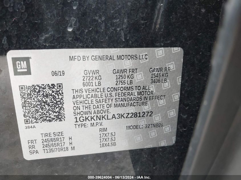 2019 GMC Acadia Sle-1 VIN: 1GKKNKLA3KZ281272 Lot: 39624004