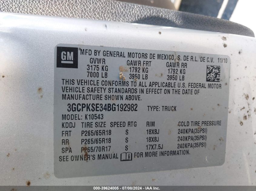 2011 Chevrolet Silverado 1500 Lt VIN: 3GCPKSE34BG192982 Lot: 39624005