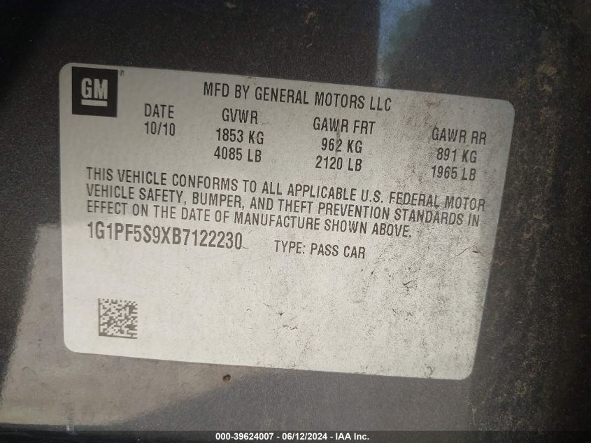 2011 Chevrolet Cruze 1Lt VIN: 1G1PF5S9XB7122230 Lot: 39624007