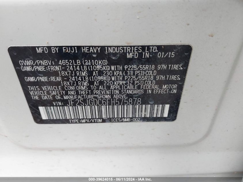 2015 Subaru Forester 2.0Xt Premium VIN: JF2SJGDC6FH575878 Lot: 39624015