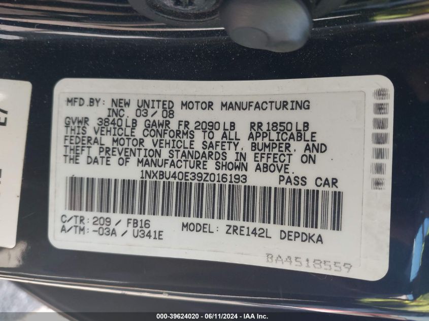 2009 Toyota Corolla VIN: 1NXBU40E39Z016193 Lot: 39624020