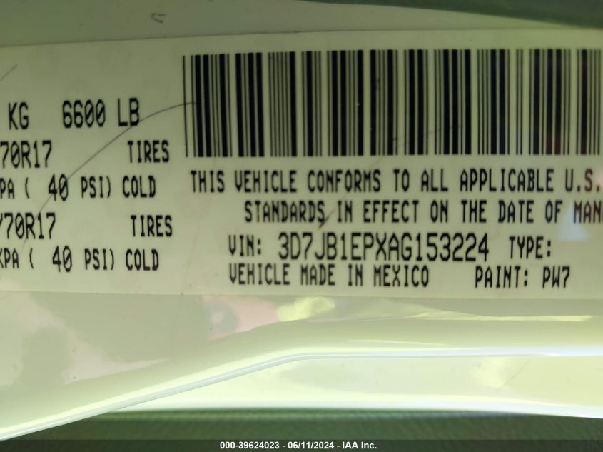 2010 Dodge Ram 1500 Slt/Trx VIN: 3D7JB1EPXAG153224 Lot: 39624023