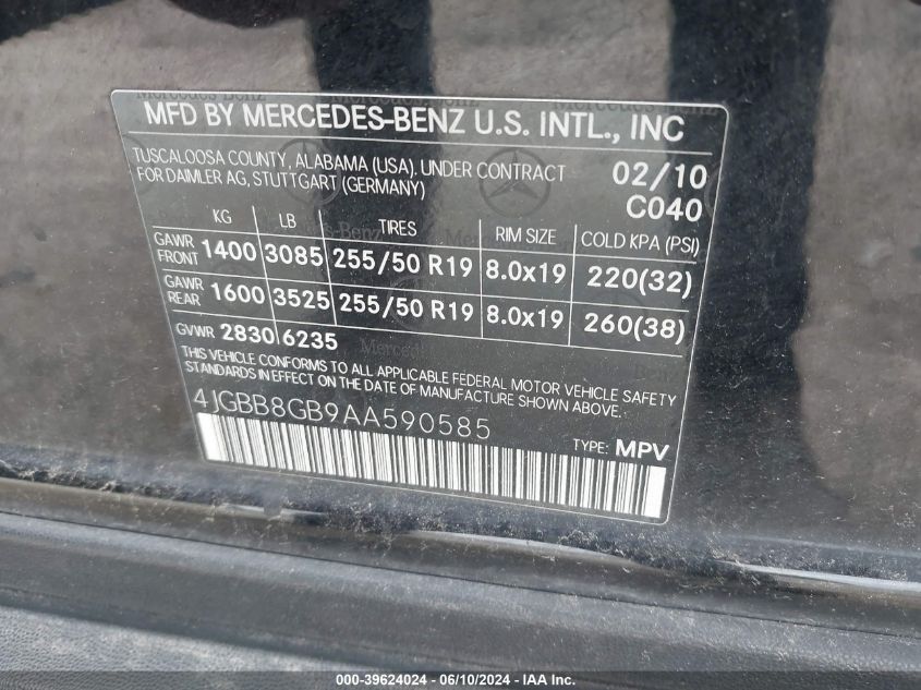 2010 Mercedes-Benz Ml 350 4Matic VIN: 4JGBB8GB9AA590585 Lot: 39624024