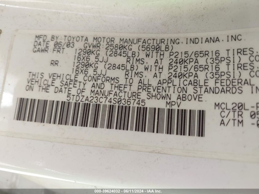 2004 Toyota Sienna Le VIN: 5TDZA23C74S036745 Lot: 39624032