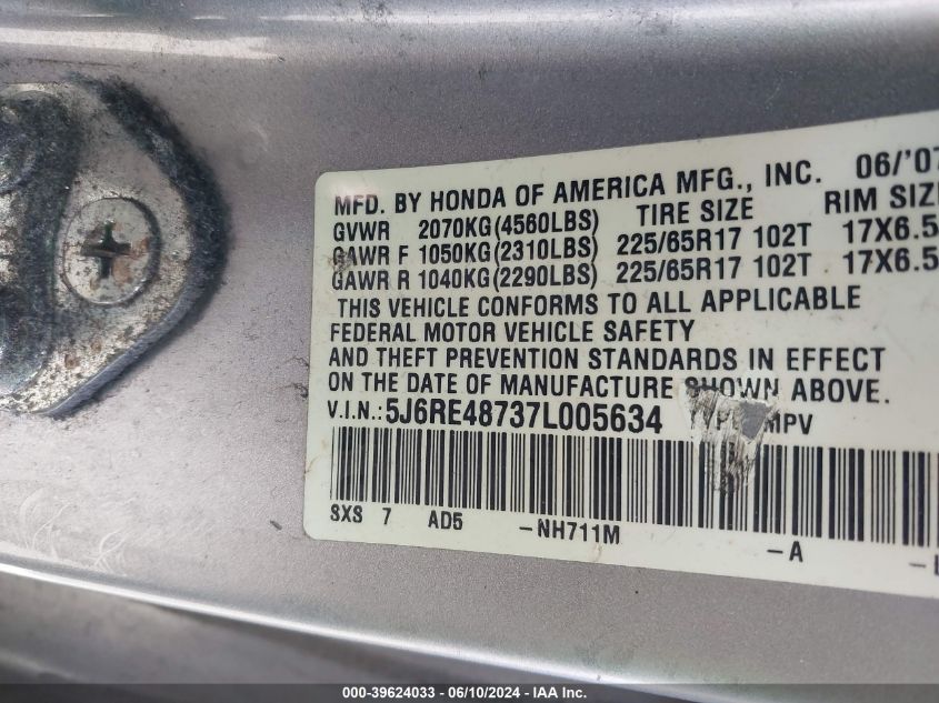 2007 Honda Cr-V Ex-L VIN: 5J6RE48737L005634 Lot: 39624033
