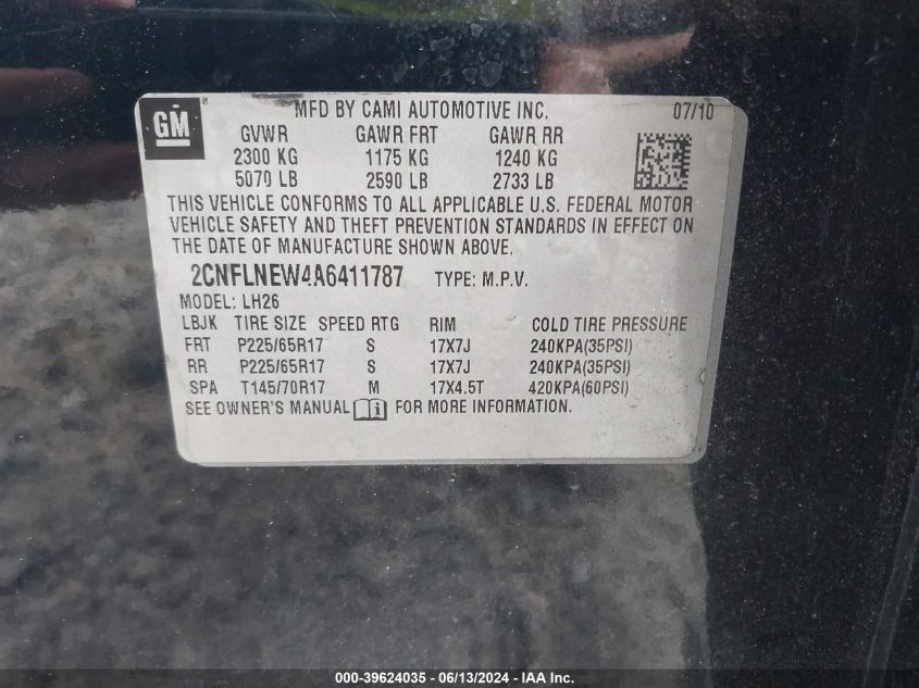 2010 Chevrolet Equinox Lt VIN: 2CNFLNEW4A6411787 Lot: 39624035