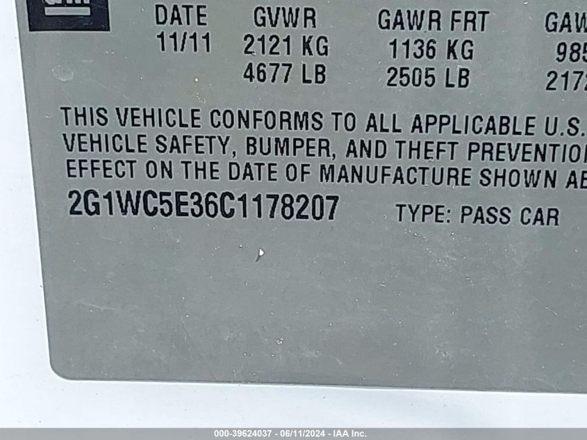 2012 Chevrolet Impala Ltz VIN: 2G1WC5E36C1178207 Lot: 39624037