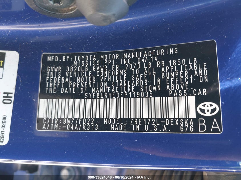 2014 Toyota Corolla S Plus VIN: 5YFBURHE0EP119035 Lot: 39624046