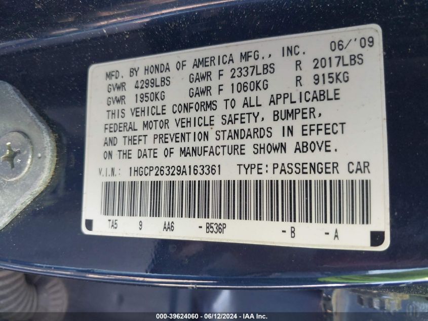 2009 Honda Accord 2.4 Lx VIN: 1HGCP26329A163361 Lot: 39624060