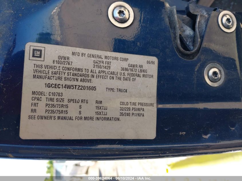 1996 Chevrolet Gmt-400 C1500 VIN: 1GCEC14W5TZ201605 Lot: 39624064