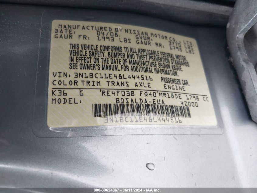 2008 Nissan Versa 1.8S VIN: 3N1BC11E48L444516 Lot: 39624067