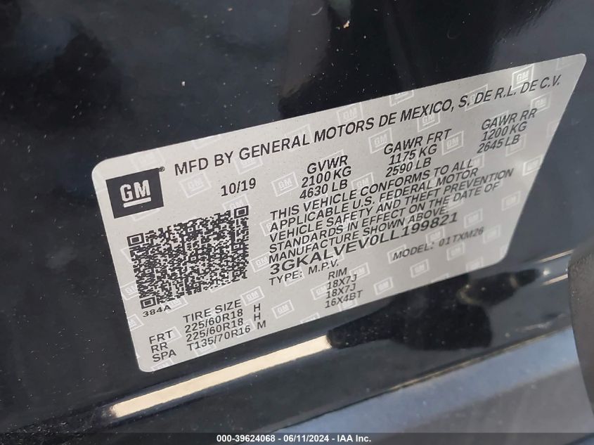 2020 GMC Terrain Awd Slt VIN: 3GKALVEV0LL199821 Lot: 39624068