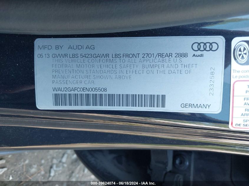 2014 Audi A7 3.0T Premium Plus VIN: WAU2GAFC0EN005508 Lot: 39624074