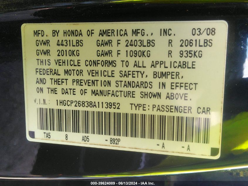 1HGCP26838A113952 | 2008 HONDA ACCORD