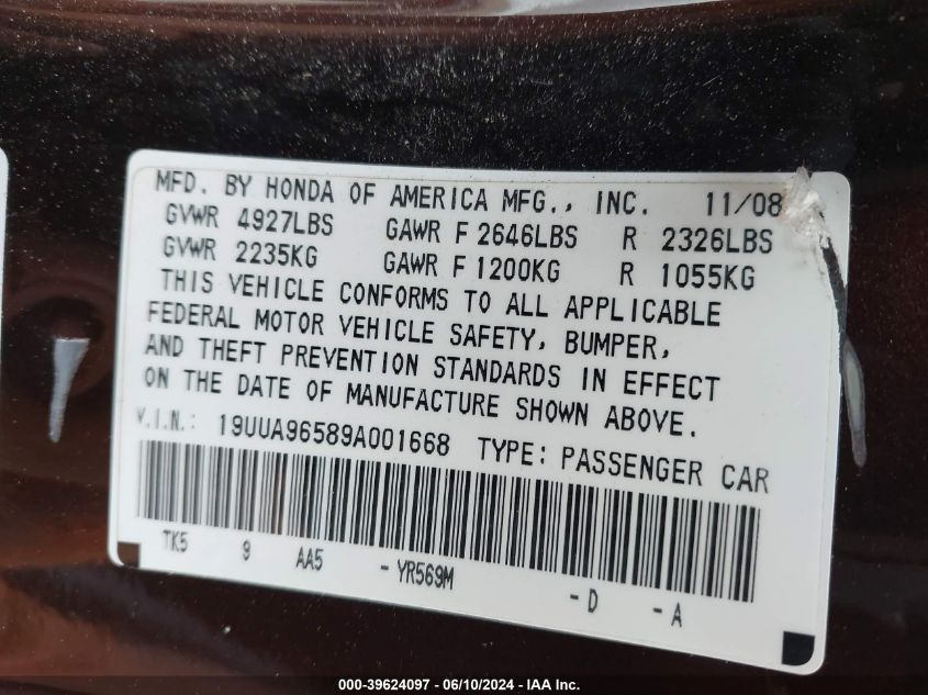 2009 Acura Tl 3.7 VIN: 19UUA96589A001668 Lot: 39624097