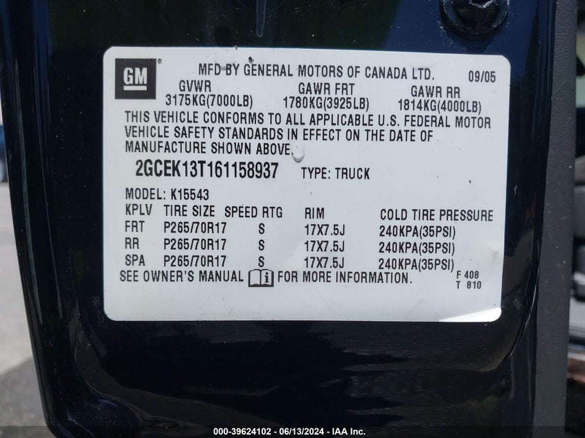 2006 Chevrolet Silverado 1500 Lt2 VIN: 2GCEK13T161158937 Lot: 39624102