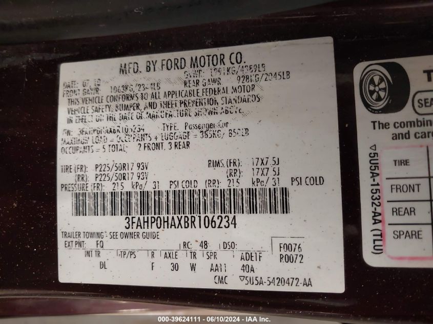 2011 Ford Fusion Se VIN: 3FAHP0HAXBR106234 Lot: 39624111