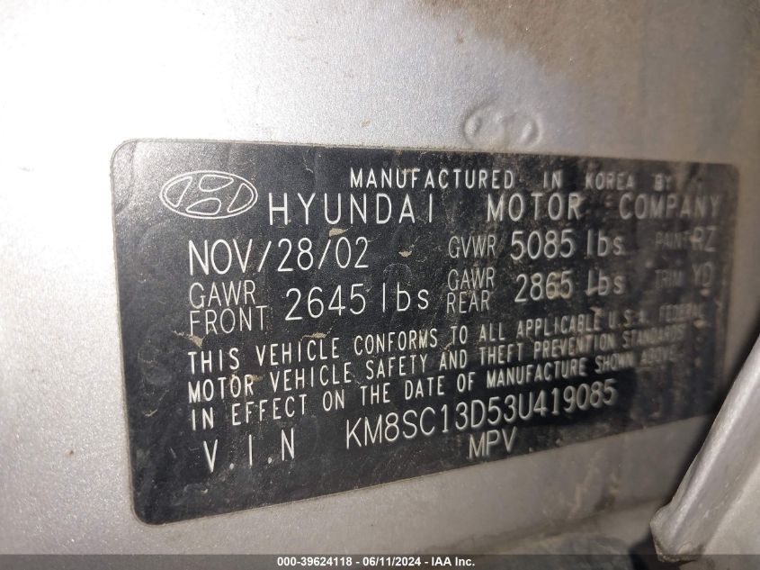 2003 Hyundai Santa Fe Gls/Lx VIN: KM8SC13D53U419085 Lot: 39624118