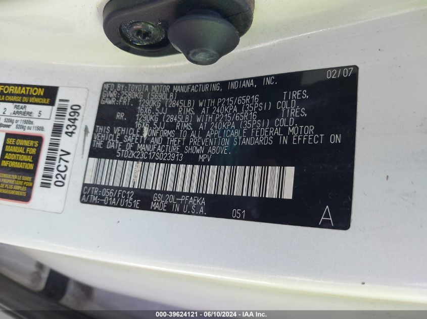 2007 Toyota Sienna Le VIN: 5TDZK23C17S023913 Lot: 39624121