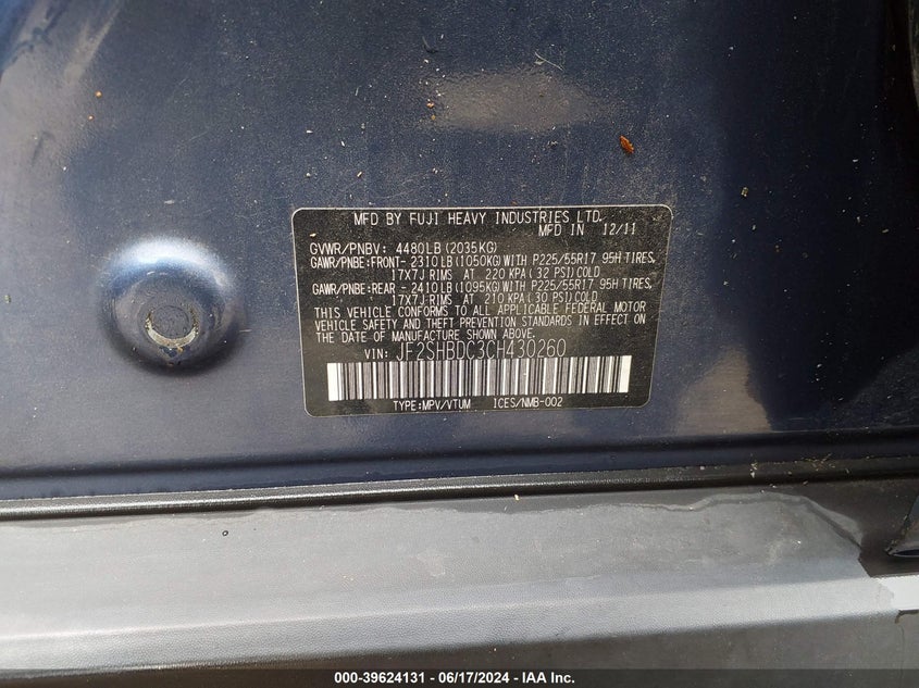 2012 Subaru Forester 2.5X Premium VIN: JF2SHBDC3CH430260 Lot: 39624131