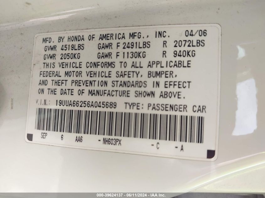 2006 Acura Tl VIN: 19UUA66256A045689 Lot: 39624137