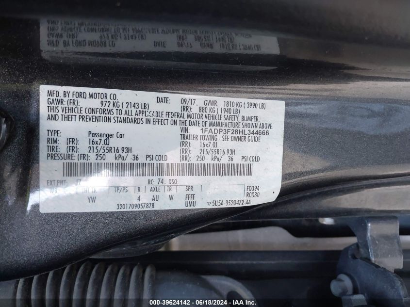 2017 Ford Focus Se VIN: 1FADP3F28HL344666 Lot: 39624142