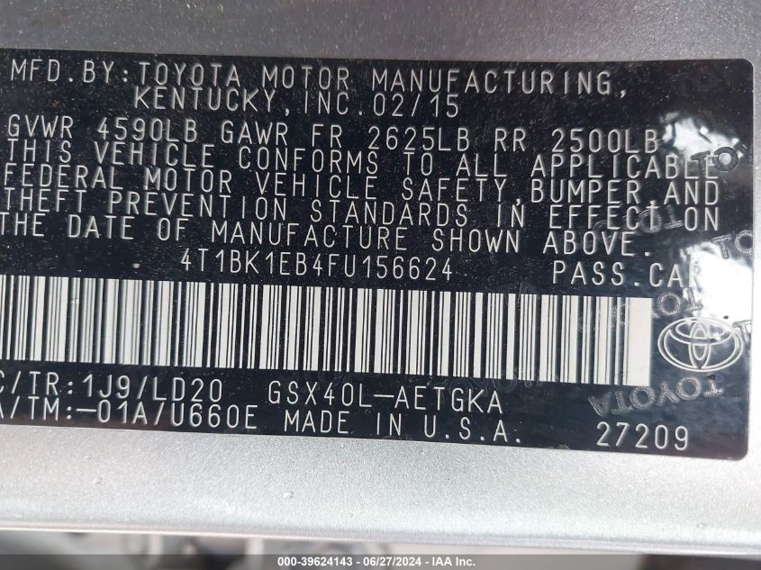 2015 Toyota Avalon Xle VIN: 4T1BK1EB4FU156624 Lot: 39624143