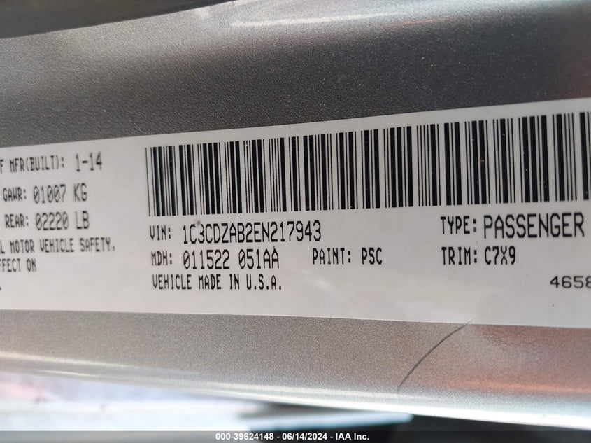 2014 DODGE AVENGER SE - 1C3CDZAB2EN217943