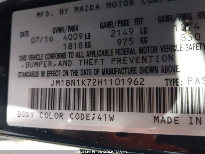 2017 Mazda Mazda3 Sport VIN: JM1BN1K72H1101962 Lot: 39624150