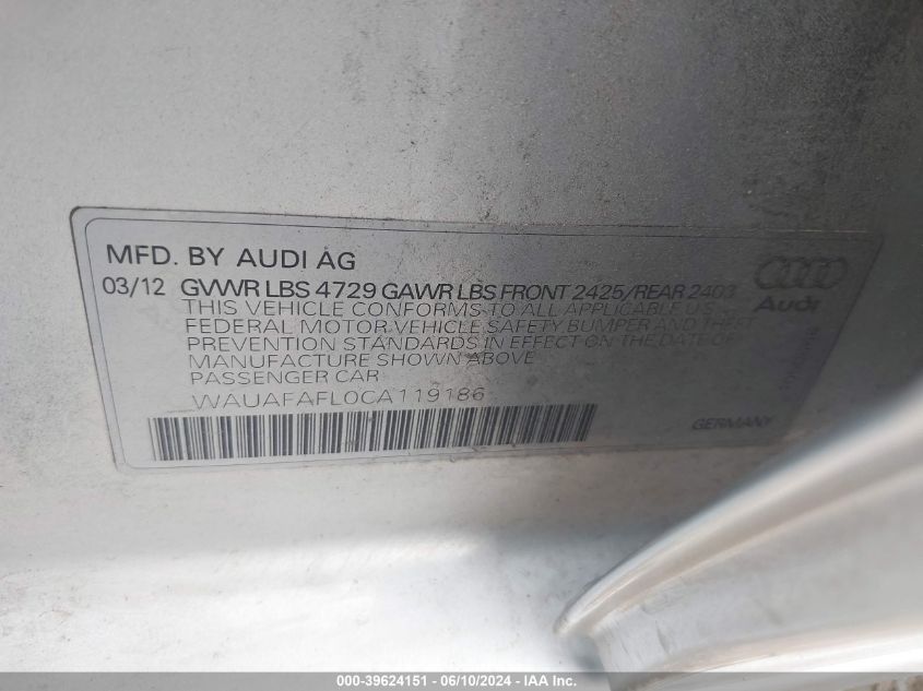 2012 Audi A4 2.0T Premium VIN: WAUAFAFL0CA119186 Lot: 39624151