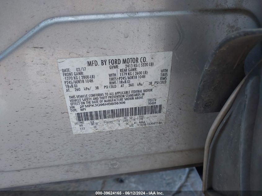 2017 Ford Edge Se VIN: 2FMPK3G96HBB56306 Lot: 39624165