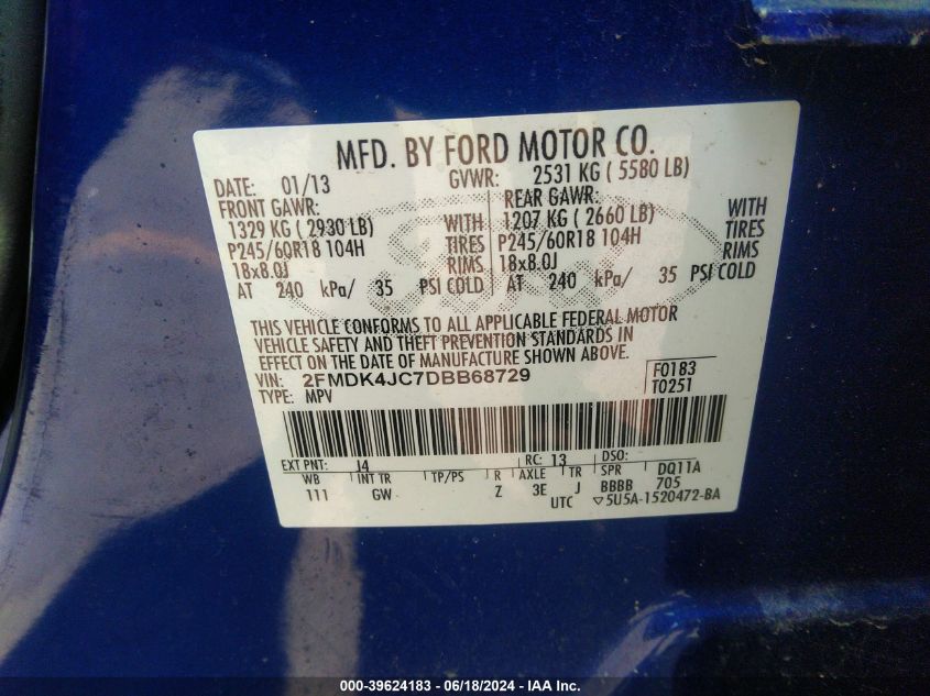 2013 Ford Edge Sel VIN: 2FMDK4JC7DBB68729 Lot: 39624183