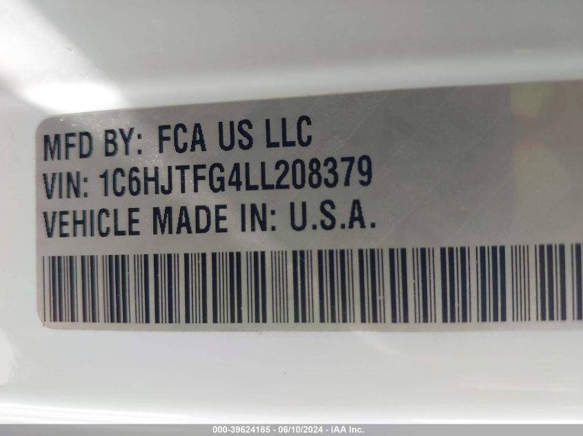 2020 Jeep Gladiator Overland 4X4 VIN: 1C6HJTFG4LL208379 Lot: 39624185