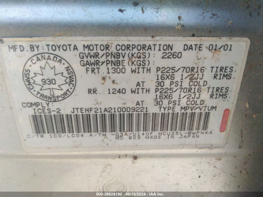 2001 Toyota Highlander V6 VIN: JTEHF21A210009221 Lot: 39624190