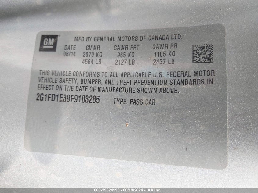 2015 Chevrolet Camaro Lt VIN: 2G1FD1E39F9103285 Lot: 39624198
