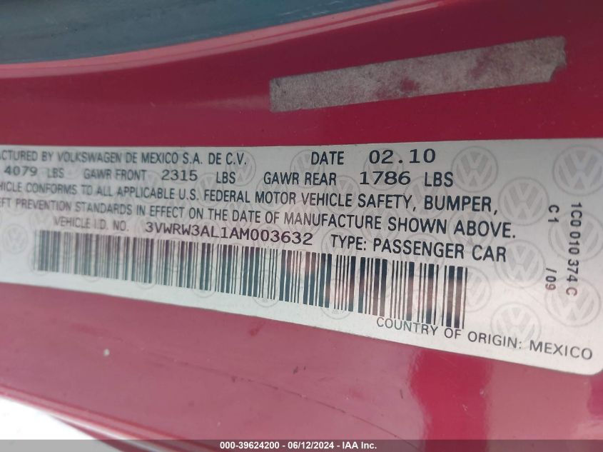 2010 Volkswagen New Beetle 2.5L VIN: 3VWRW3AL1AM003632 Lot: 39624200